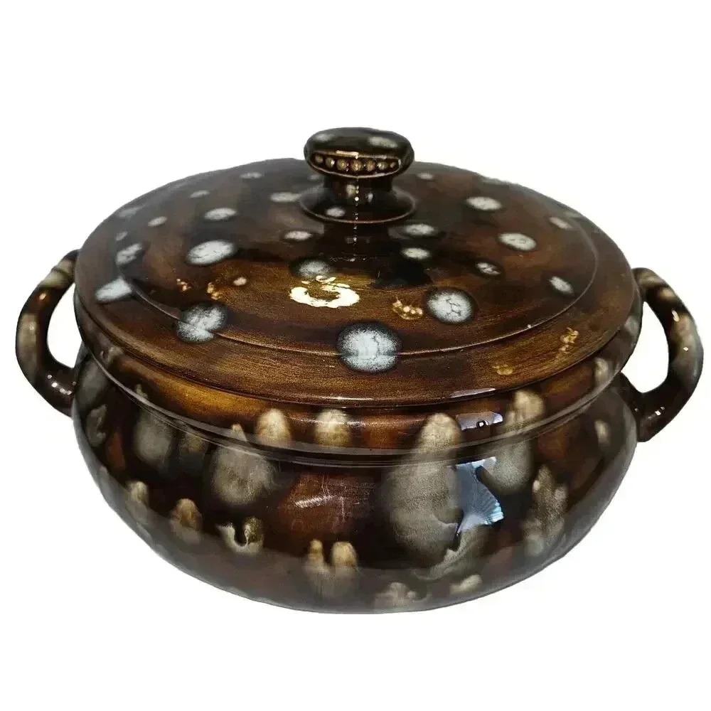 Round Ceramic Lidded Serving Dish Multi-color Glaze Mid Century